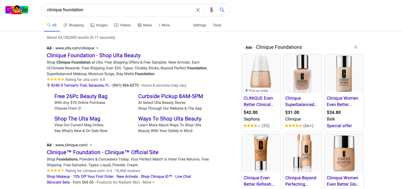 Clinique digital ads Google Shopping