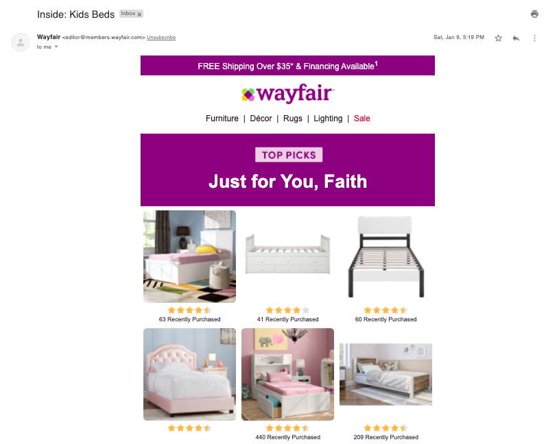 Wayfair review in ad example